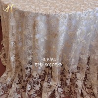 132" Round Champagne Sheer Lace Embroidered Wedding Tablecloth for Decoration